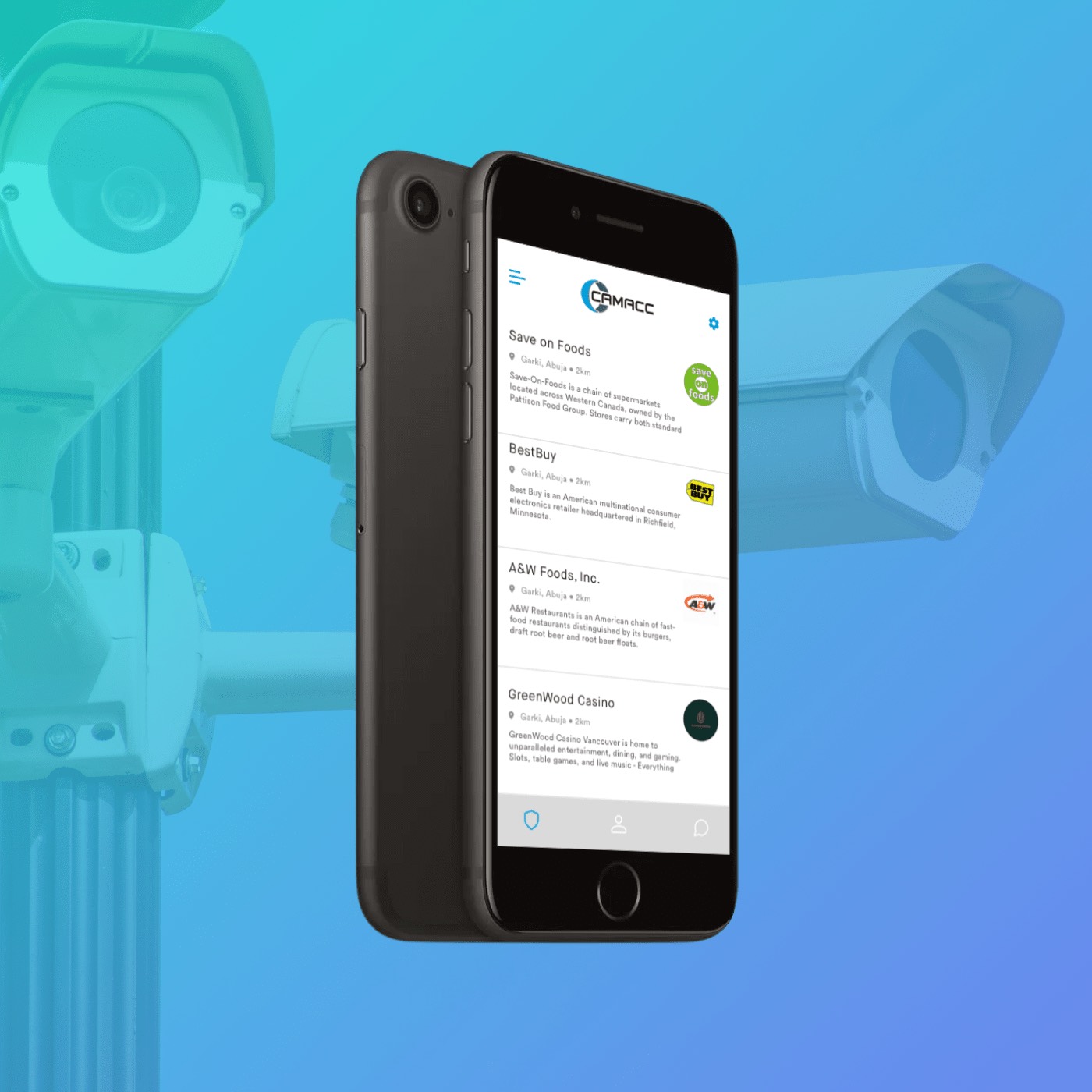 CamAcc security camera monitoring app on a phone